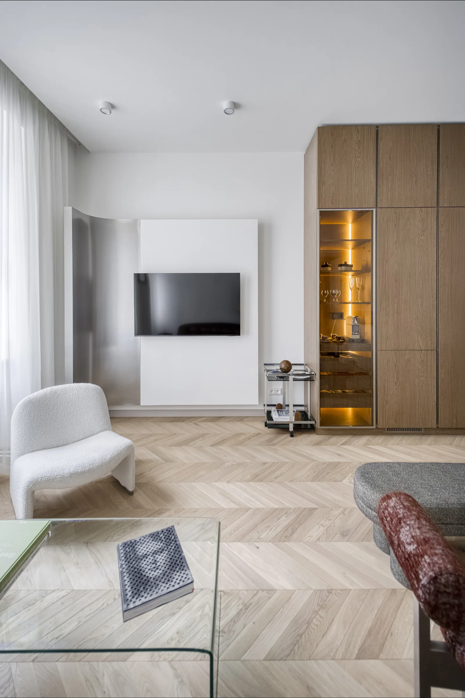 Smoked-oak chevron in the show apartment living room