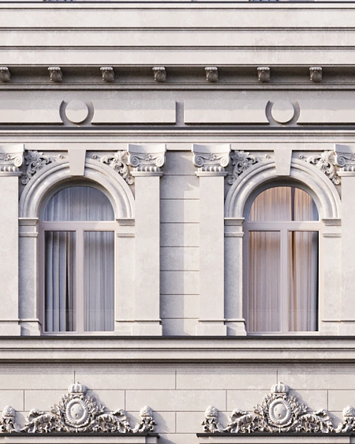 Floor 4 windows with semicircular arches and stucco capitals